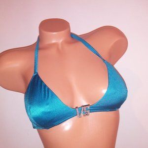 Victoria Secret Swim Bikini Top Small Solid Blue Triangle Bling VS Charm Logo Ce